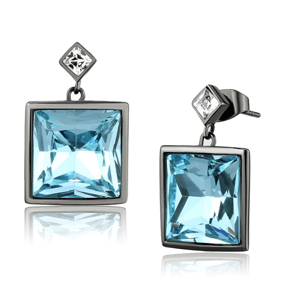 Stainless Steel Dark Gunmetal Aquamarine Blue CZ Earrings view 1
