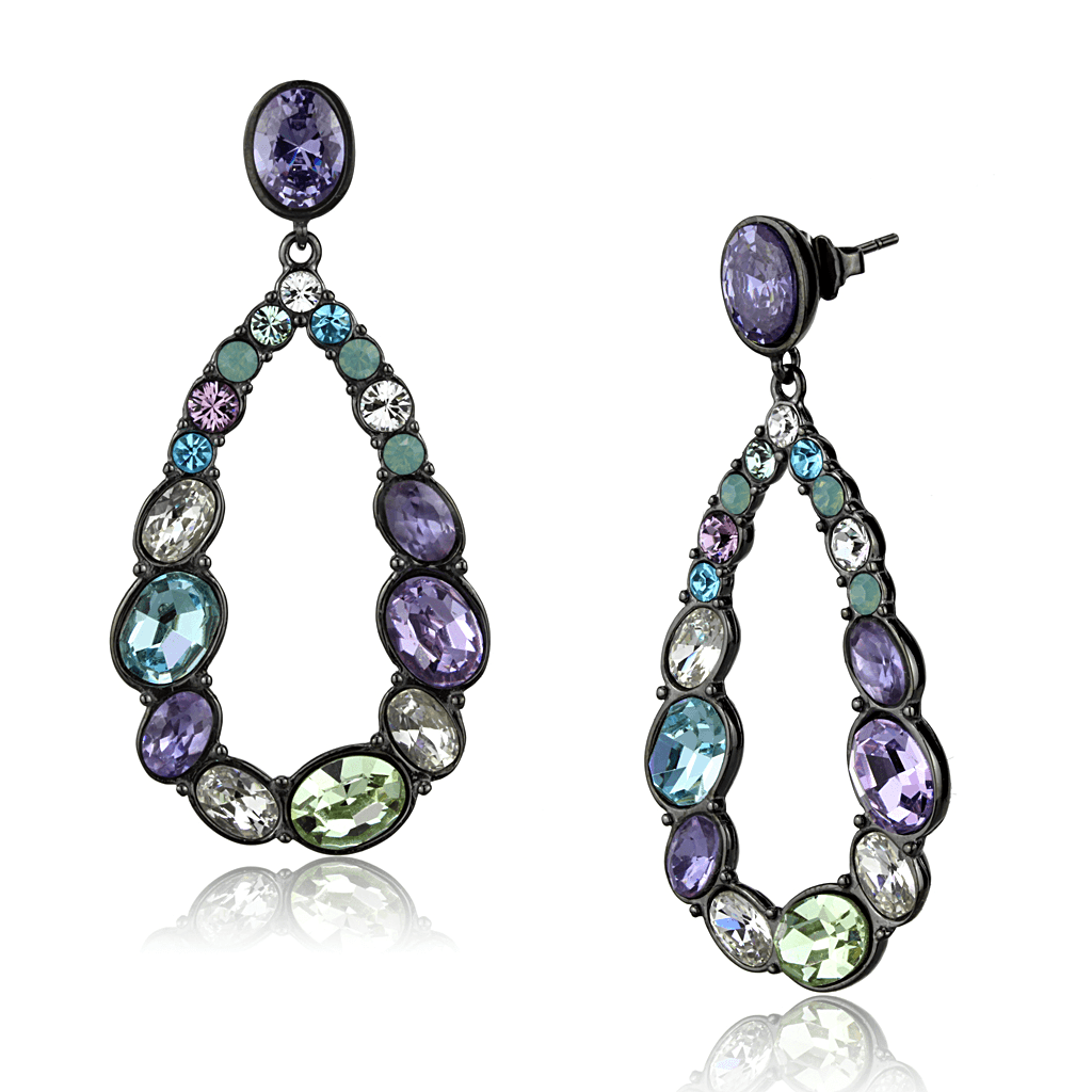 Stainless Steel Dark Gunmetal Multi Color Crystal Open Earrings view 1