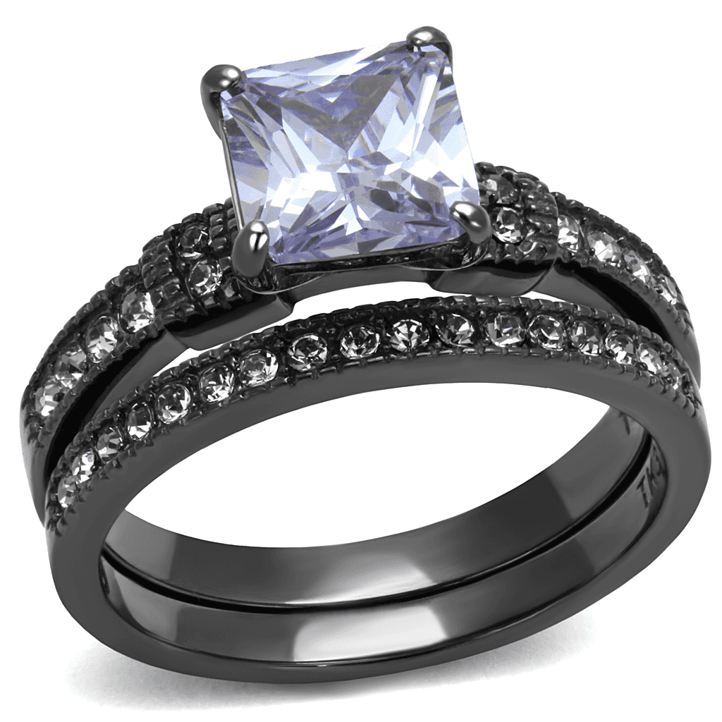 Stainless Steel Dark Gunmetal Tanzanite Purple CZ Princess Ring view 1