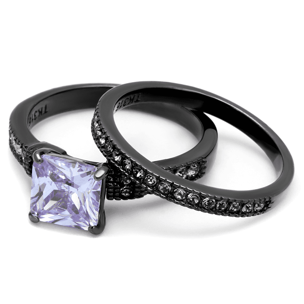 Stainless Steel Dark Gunmetal Tanzanite Purple CZ Princess Ring view 11