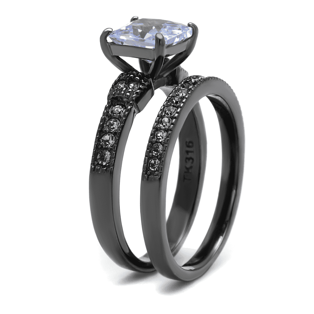 Stainless Steel Dark Gunmetal Tanzanite Purple CZ Princess Ring view 12
