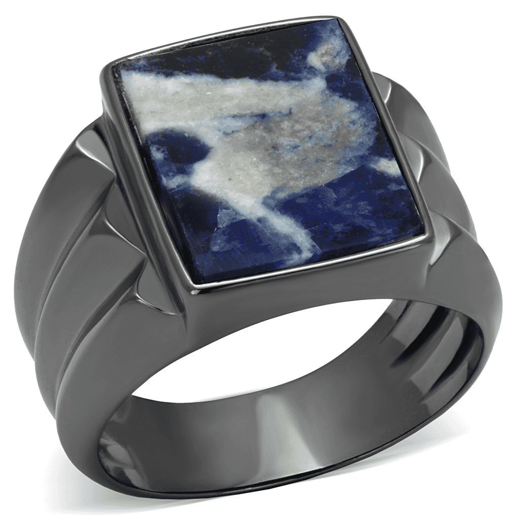 Stainless Steel Dark Gunmetal Sodalite Blue Stone Square Ring view 1
