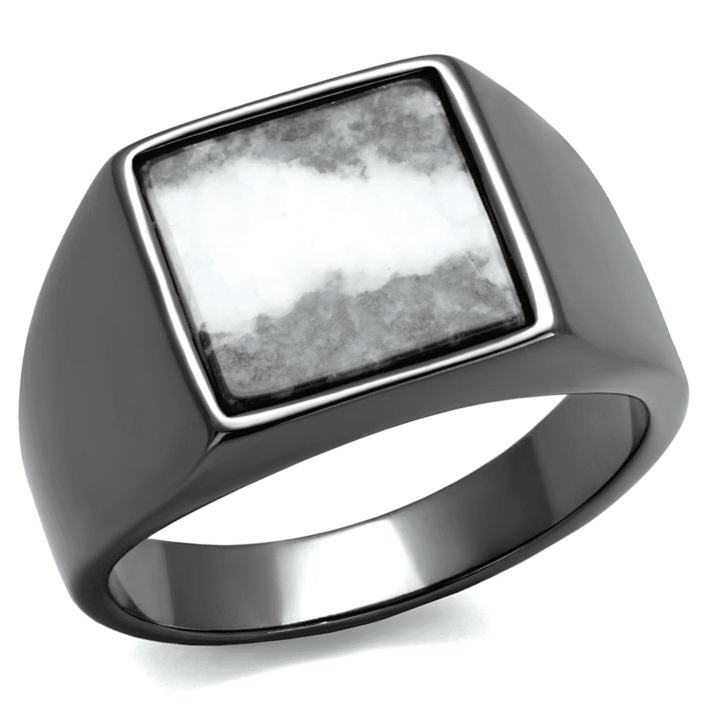 Stainless Steel Dark Gunmetal White Howlite Square Inlay Ring view 1