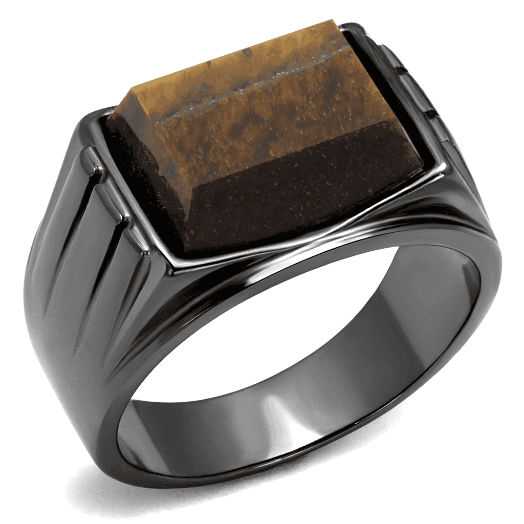 Stainless Steel Dark Gunmetal Tiger Eye Square Inlay Signet Ring view 1