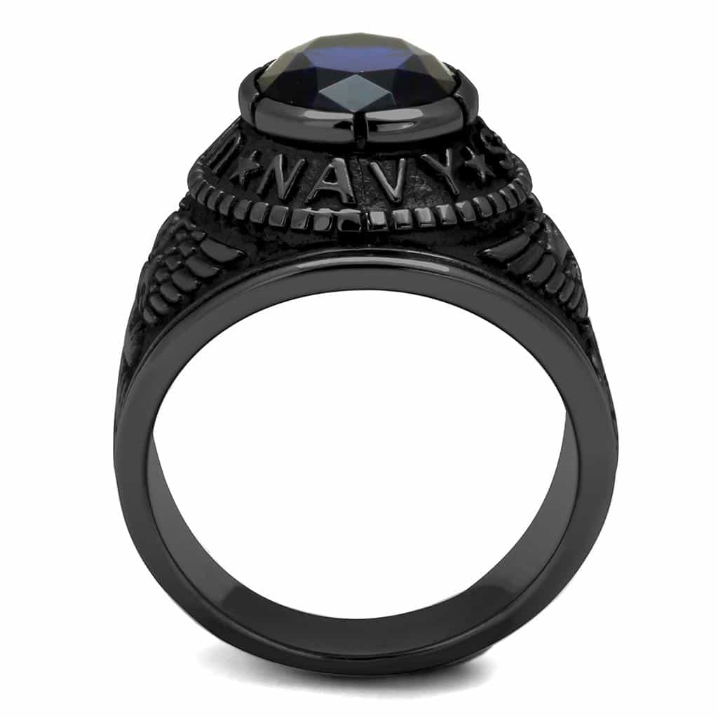 Stainless Steel Dark IP US Navy Blue CZ Military Signet Ring view 15