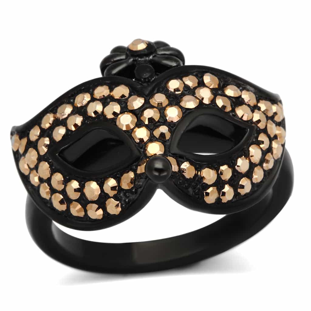 Stainless Steel Dark IP Champagne Crystal Masquerade Mask Ring view 9