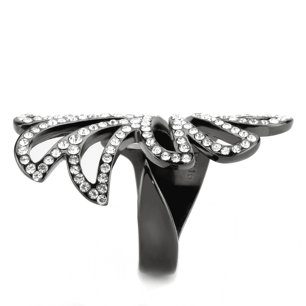 Stainless Steel Dark IP CZ Pave Swirl Leaf Open Cocktail Ring view 11