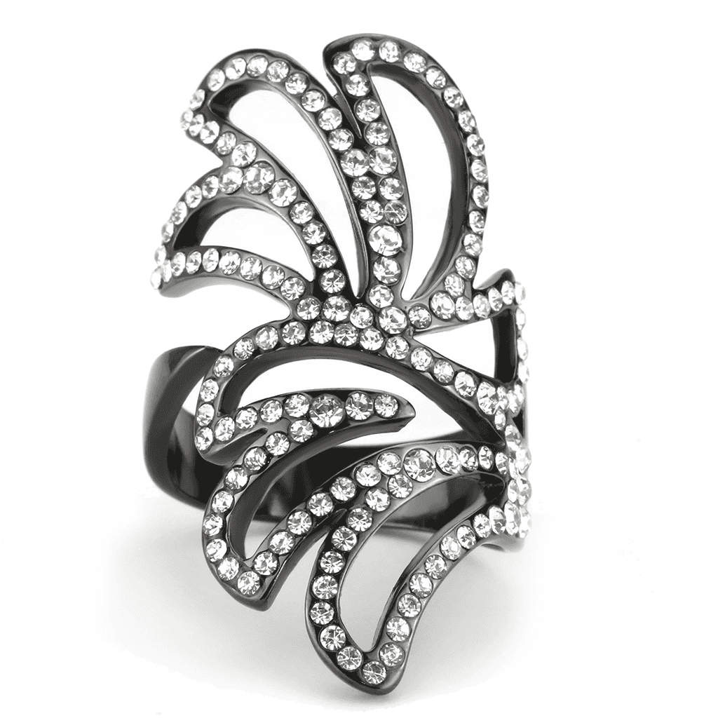 Stainless Steel Dark IP CZ Pave Swirl Leaf Open Cocktail Ring view 18