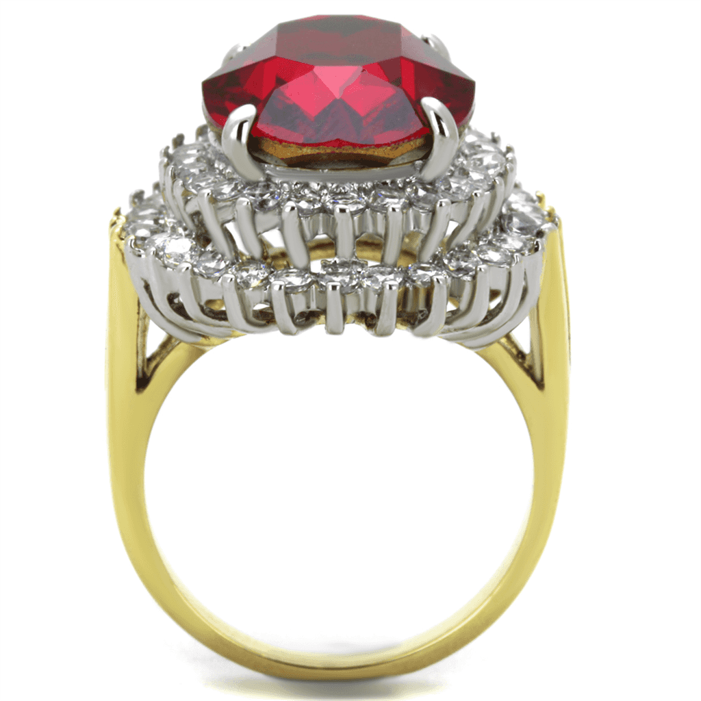 Stainless Steel Dark Red Garnet Oval CZ Double Halo Two Tone Ring view 7