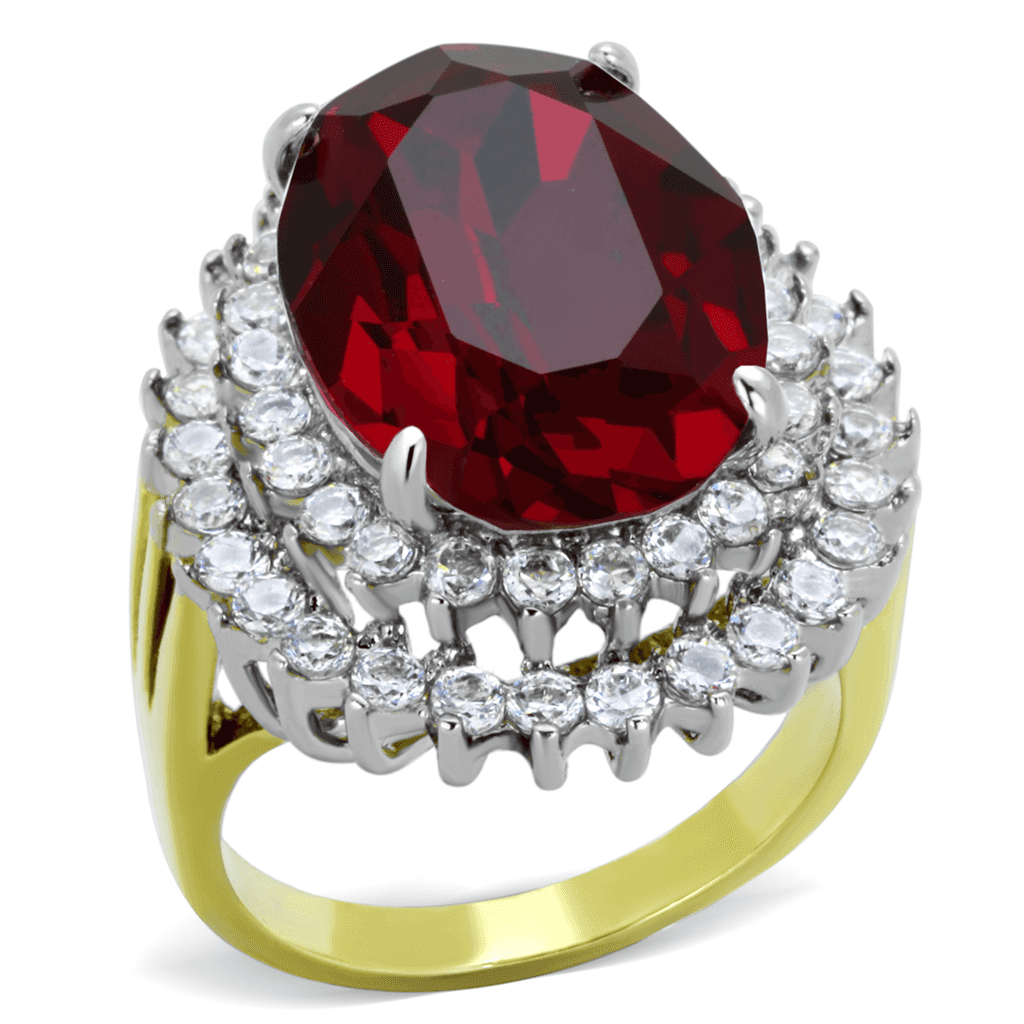 Stainless Steel Dark Red Garnet Oval CZ Double Halo Two Tone Ring view 1