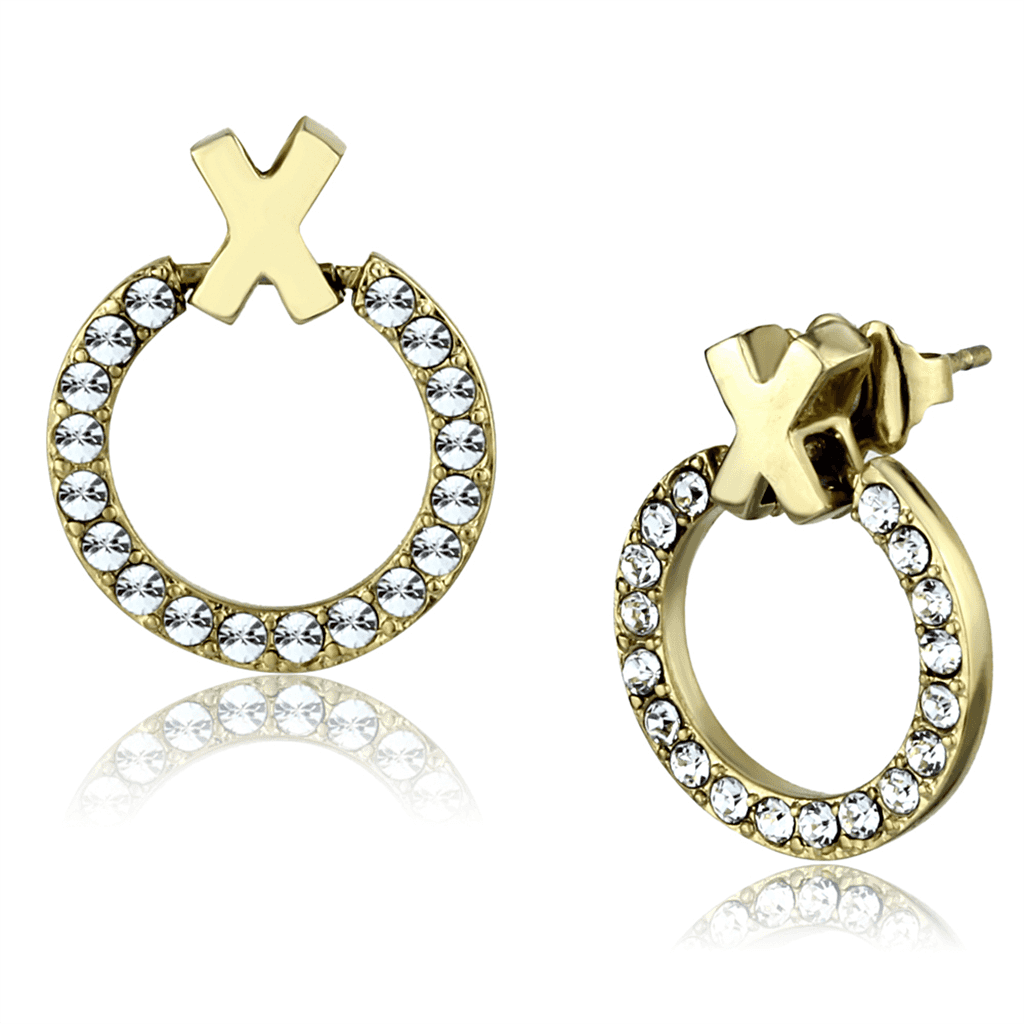 Stainless Steel Gold IP CZ Circle X Stud Earrings view 1