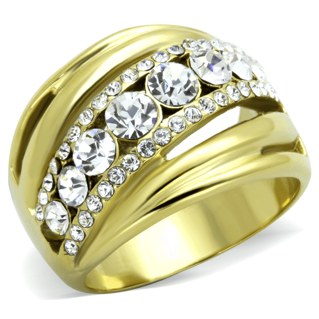 Stainless Steel Gold IP CZ Round Marquise Wide Band Ring view 5