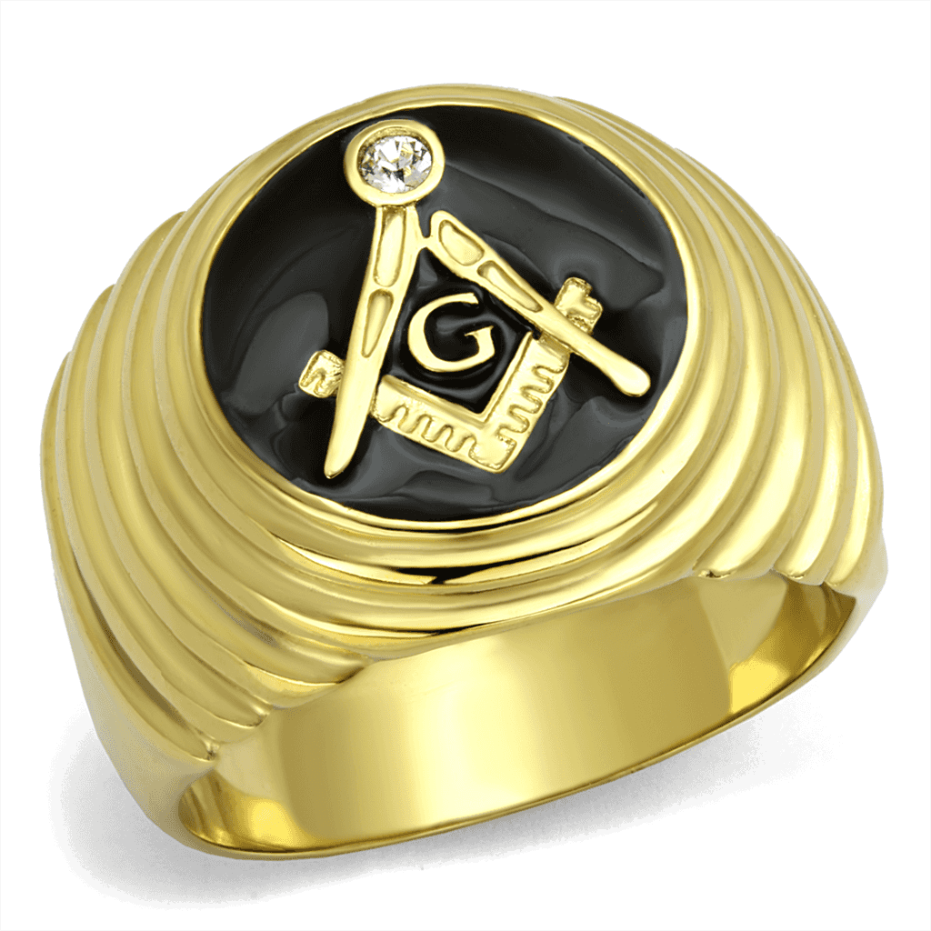 Stainless Steel Gold IP Masonic Compass Ribbed Dome Signet Ring view 5