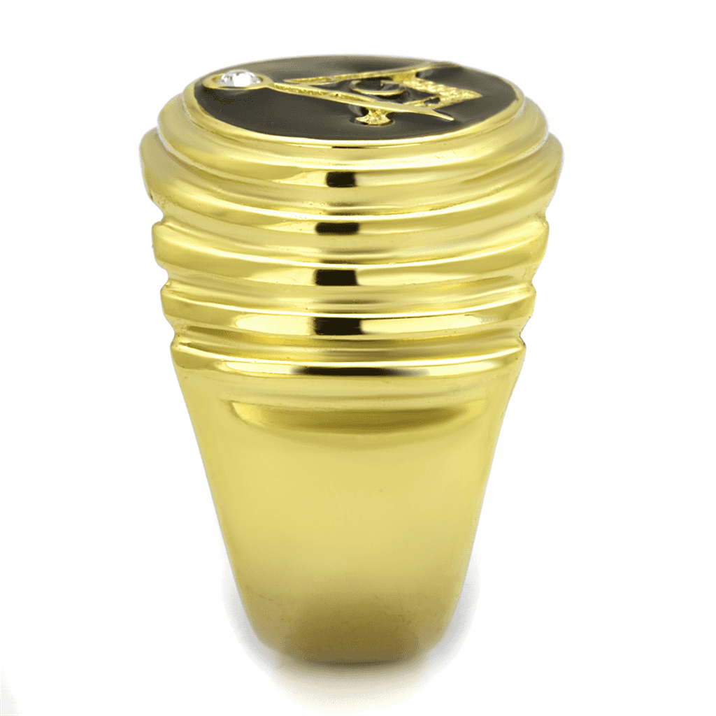 Stainless Steel Gold IP Masonic Compass Ribbed Dome Signet Ring view 8