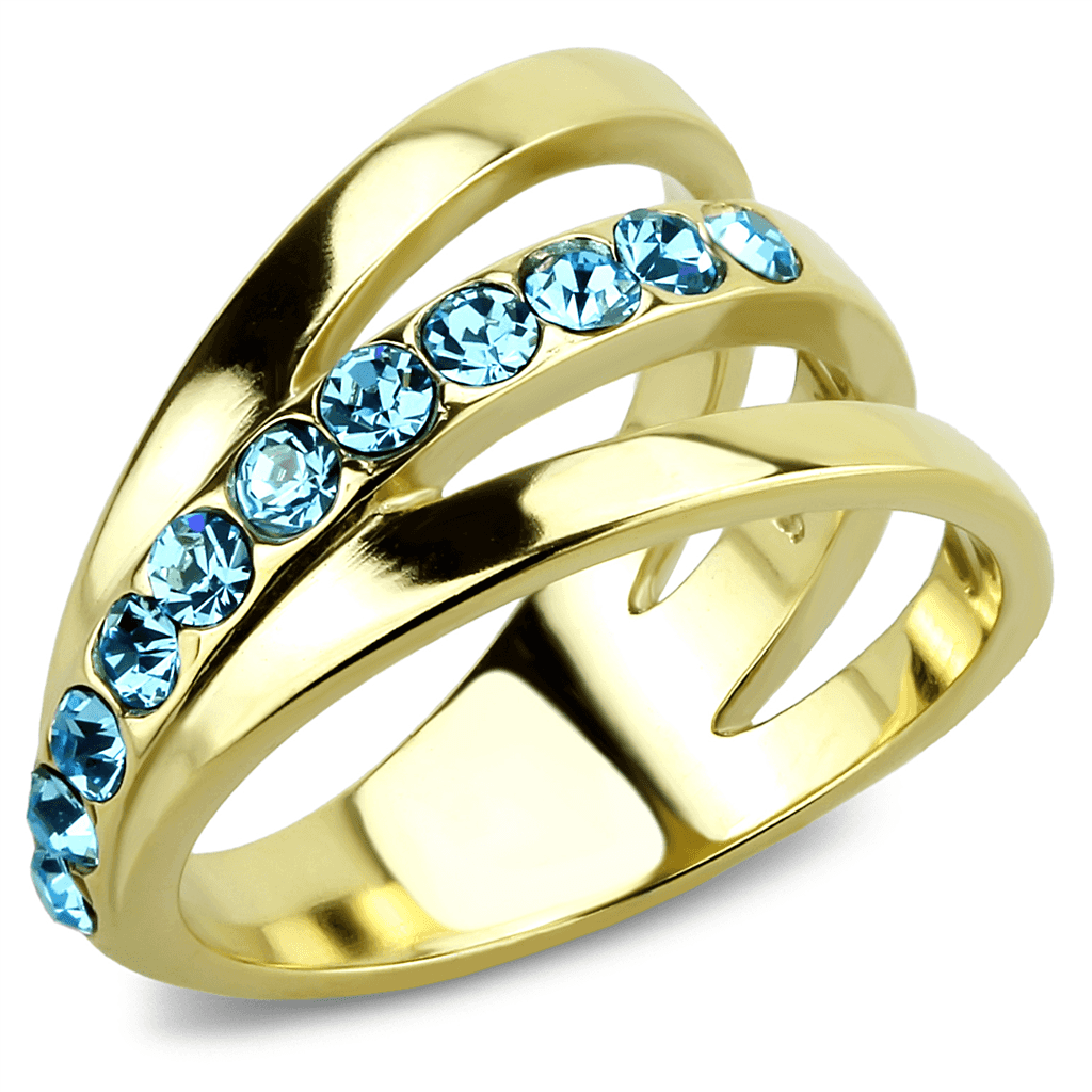Stainless Steel Gold IP Aquamarine Blue CZ Channel Crossover Ring view 11