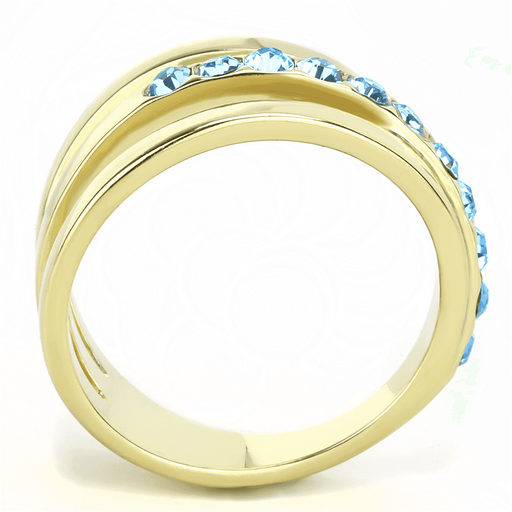 Stainless Steel Gold IP Aquamarine Blue CZ Channel Crossover Ring view 12