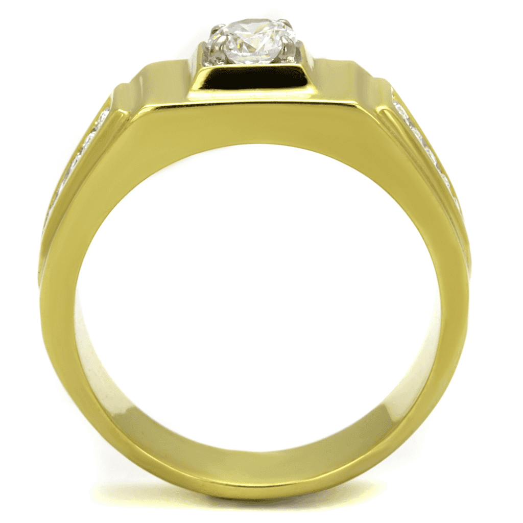 Stainless Steel Gold IP CZ Round Square Bezel Pave Mens Ring view 5
