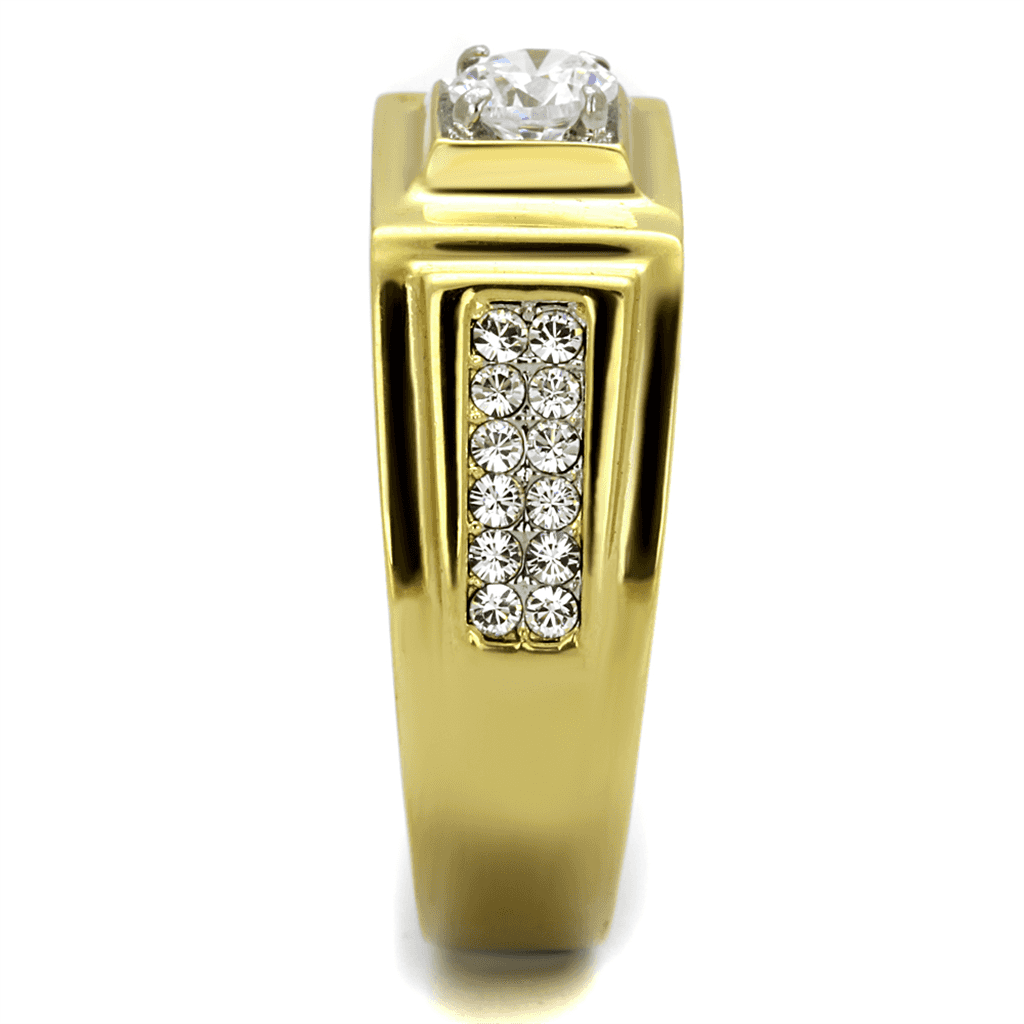 Stainless Steel Gold IP CZ Round Square Bezel Pave Mens Ring view 7