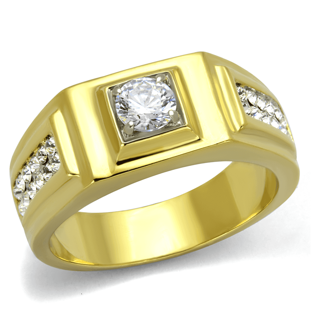Stainless Steel Gold IP CZ Round Square Bezel Pave Mens Ring view 1
