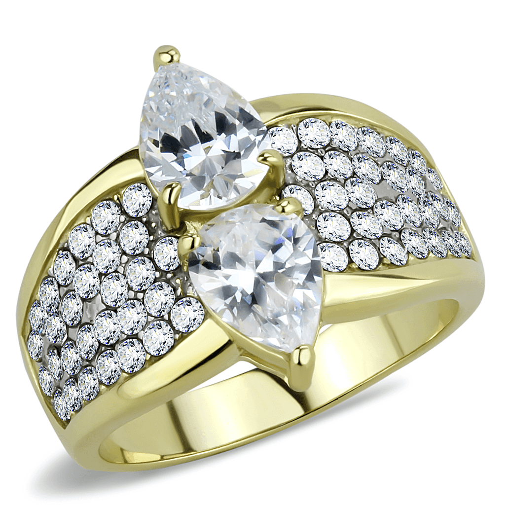 Stainless Steel Gold IP CZ Marquise Pear Pave Wing Cocktail Ring view 9