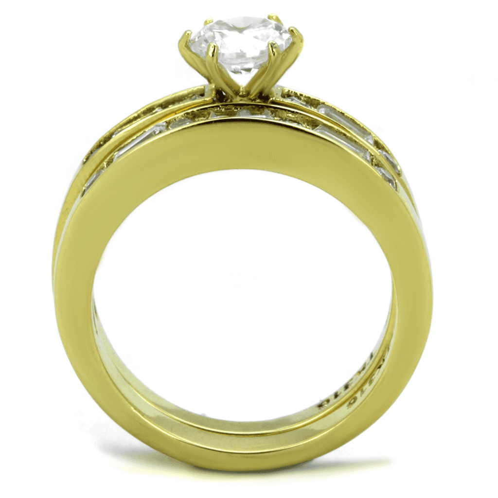 Stainless Steel Gold IP Round CZ Baguette Channel Bridal Set Ring view 5