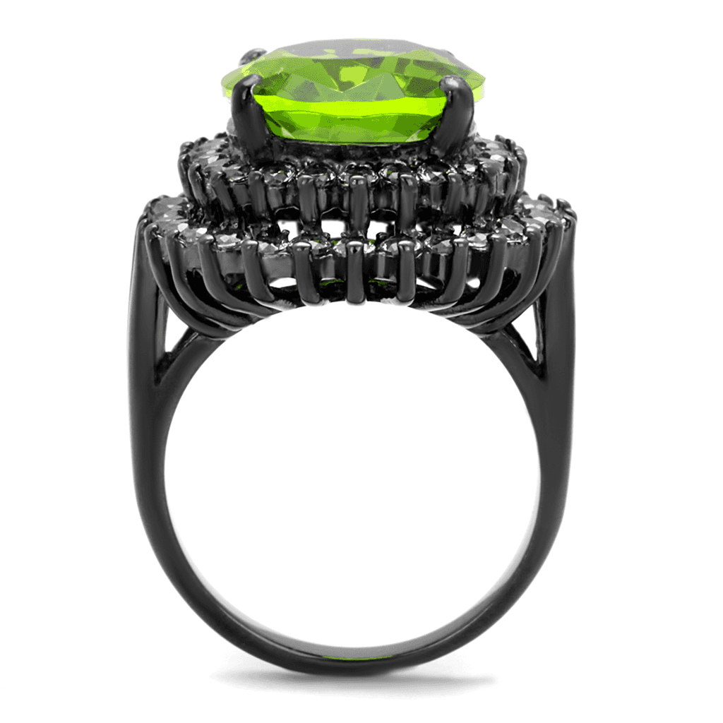 Stainless Steel Green Peridot Oval CZ Halo Black IP Ring view 7