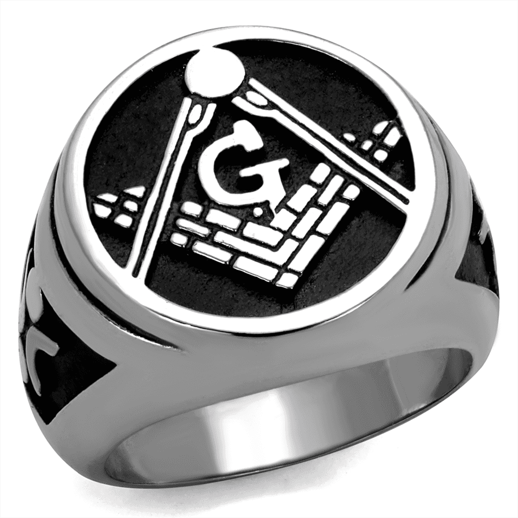 Stainless Steel Masonic Square Compass G Enamel Signet Ring view 1