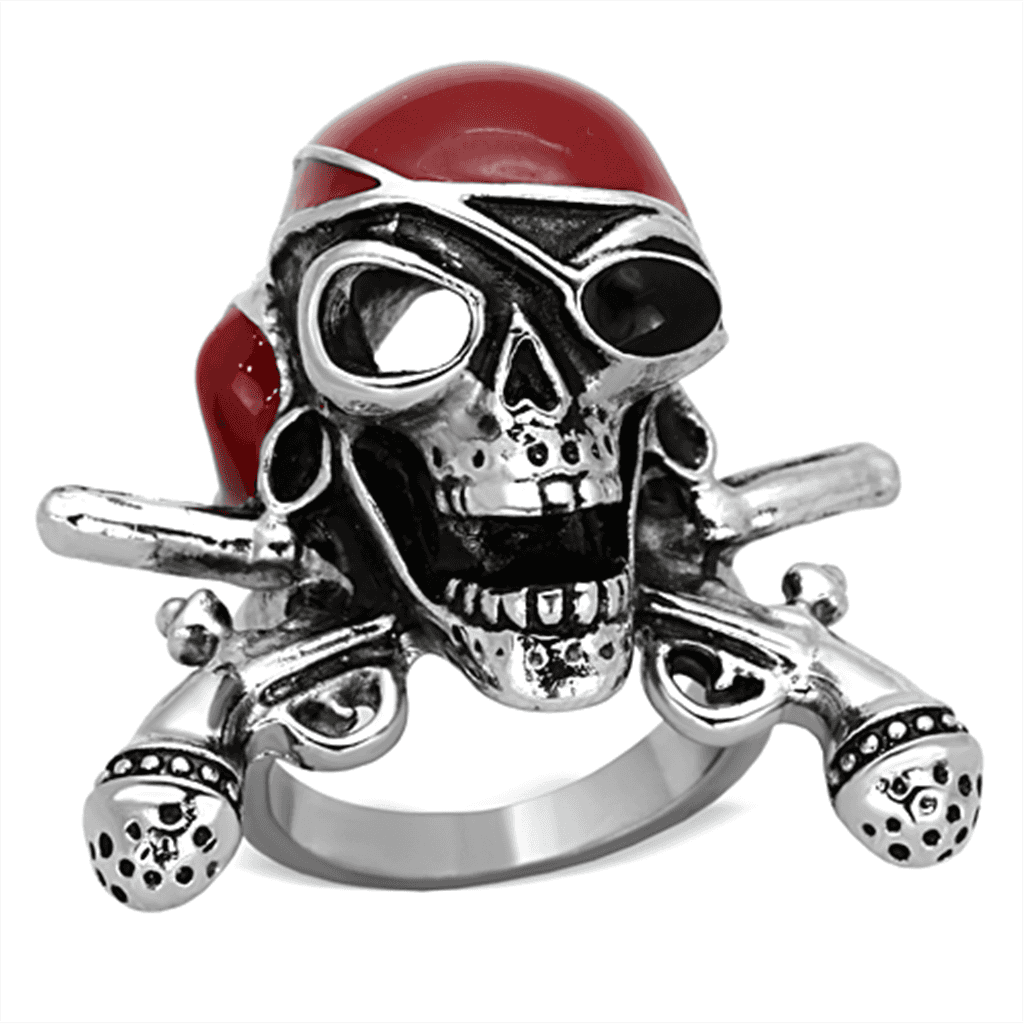Stainless Steel Pirate Skull Red Bandana Crossbones Ring view 1