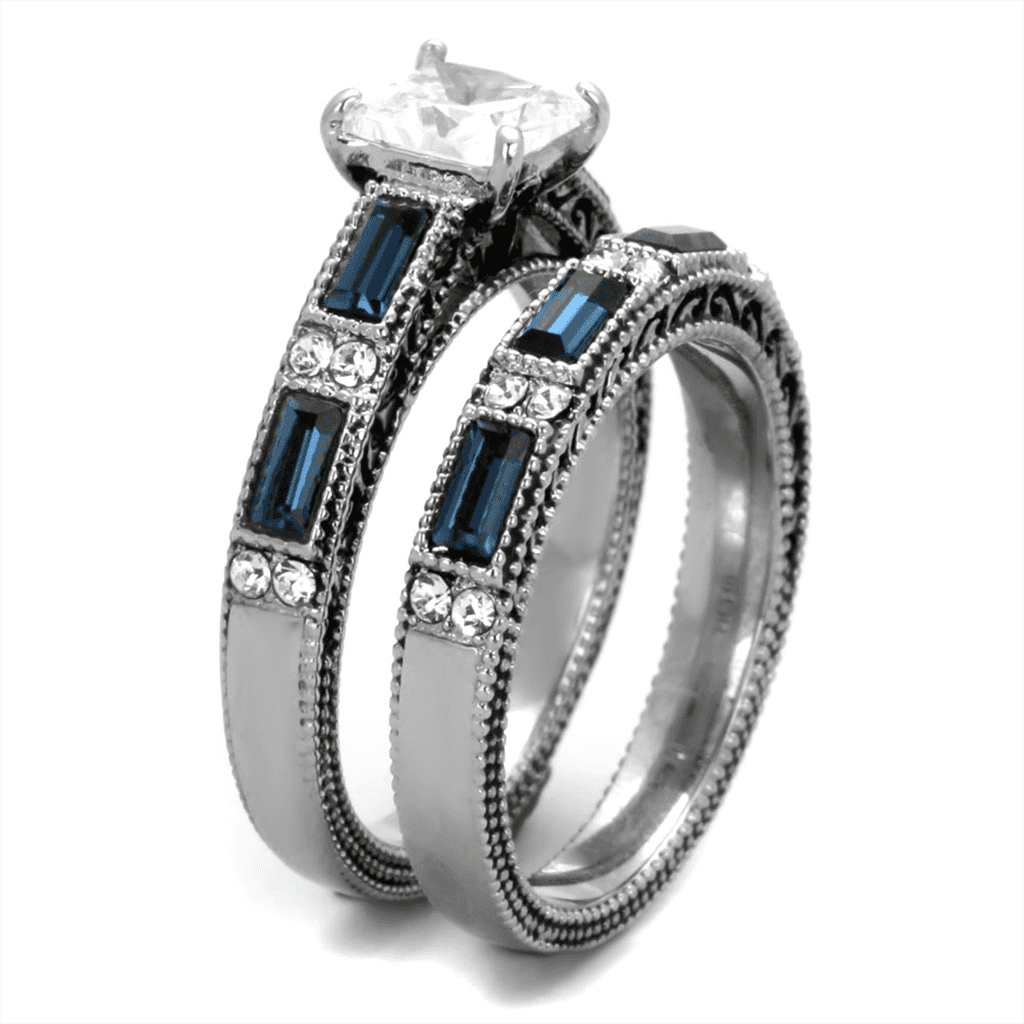 Stainless Steel Princess CZ Blue Sapphire Baguette Triple Ring view 4