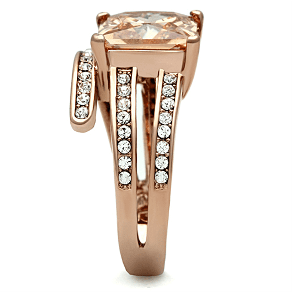 Stainless Steel Rose Gold Champagne Princess CZ Pave Bridal Ring view 9