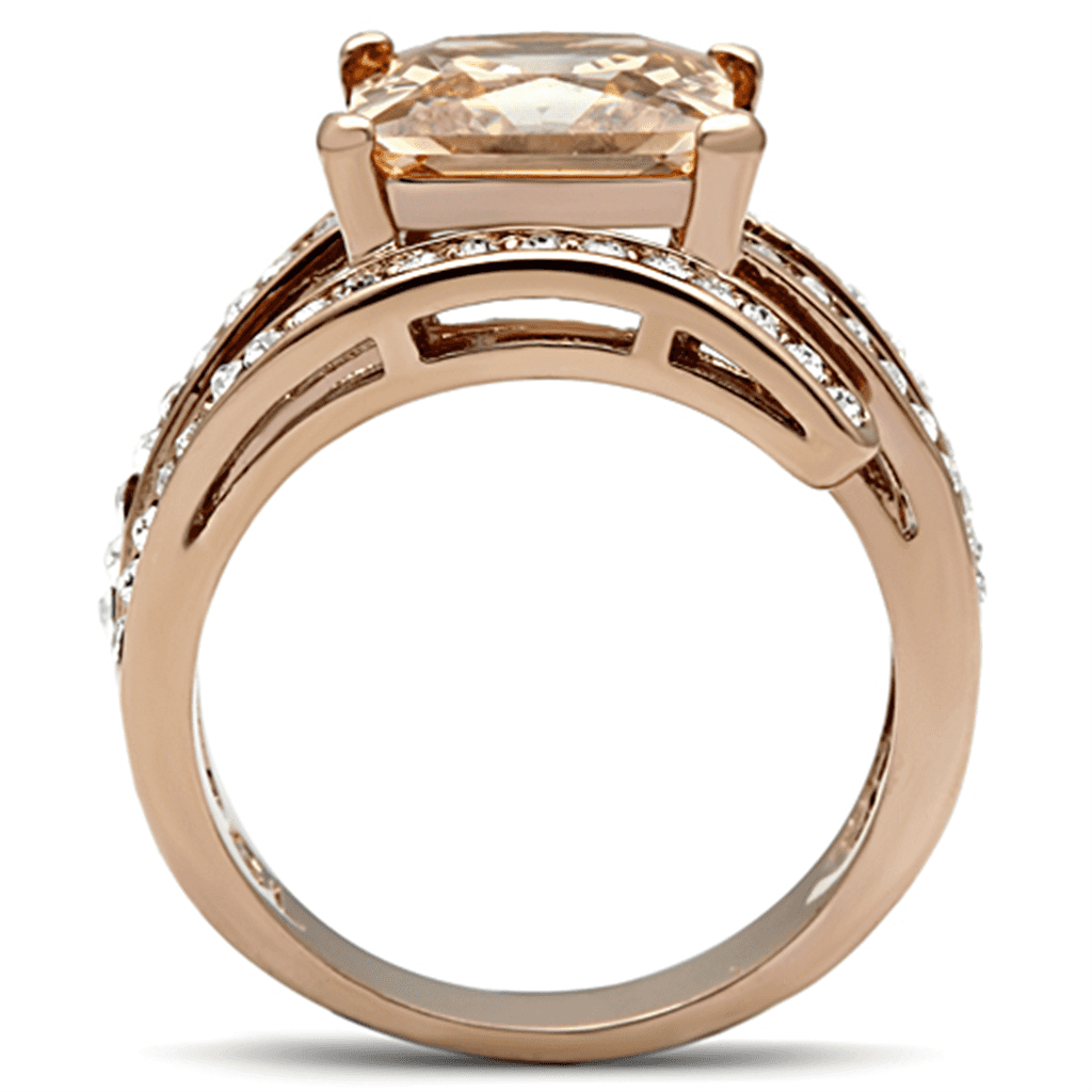 Stainless Steel Rose Gold Champagne Princess CZ Pave Bridal Ring view 3