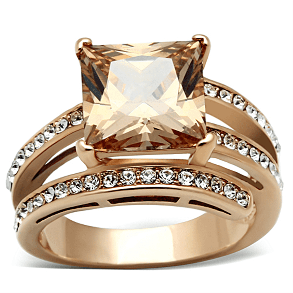 Stainless Steel Rose Gold Champagne Princess CZ Pave Bridal Ring view 5