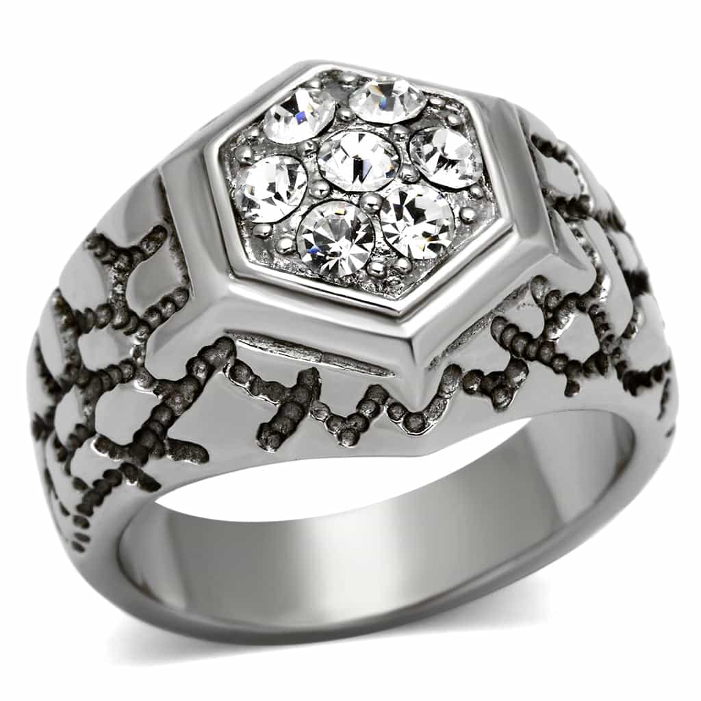 Stainless Steel Silver CZ Hexagon Pave Nugget Texture Mens Ring view 9