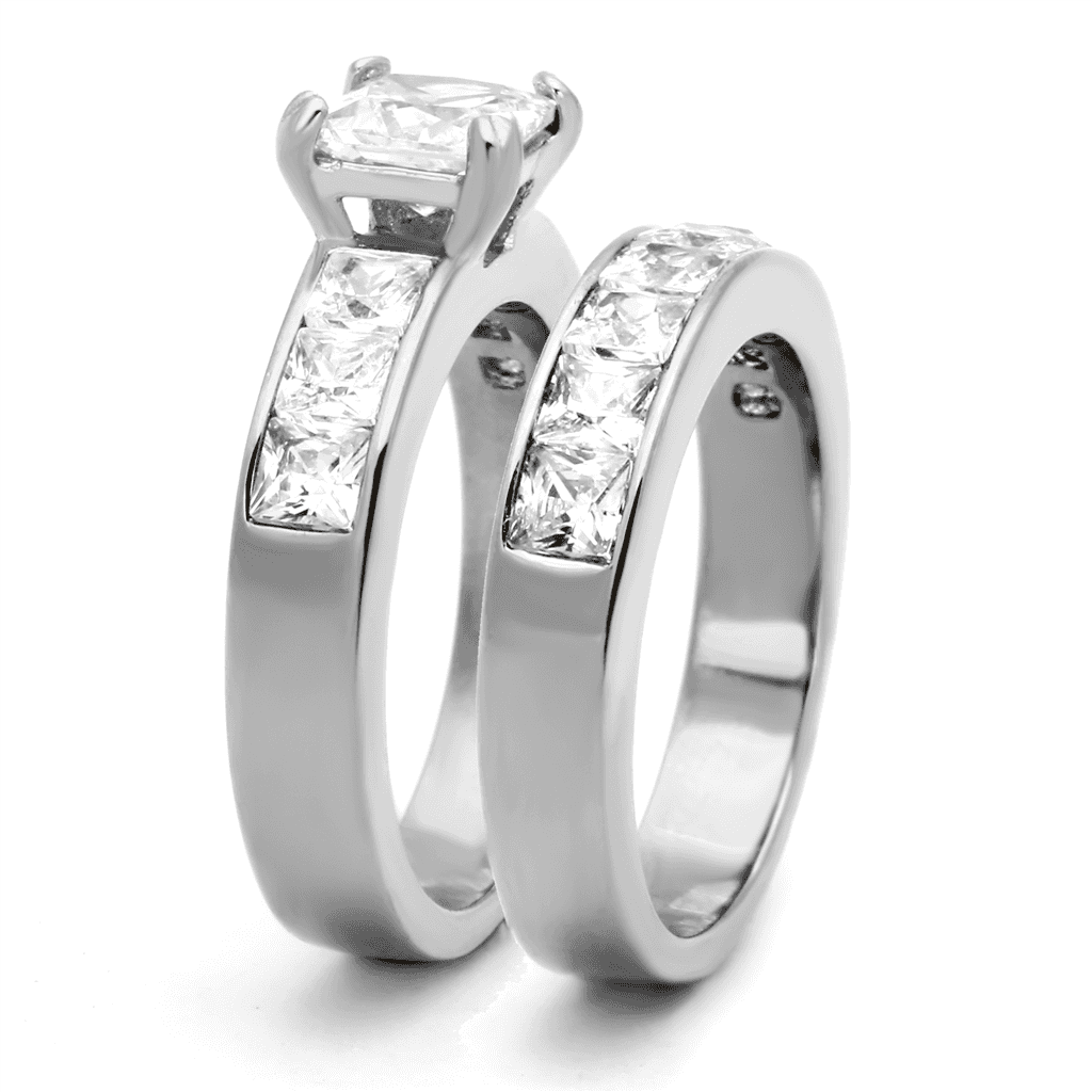 Stainless Steel Silver CZ Princess Solitaire Channel Bridal Ring view 4