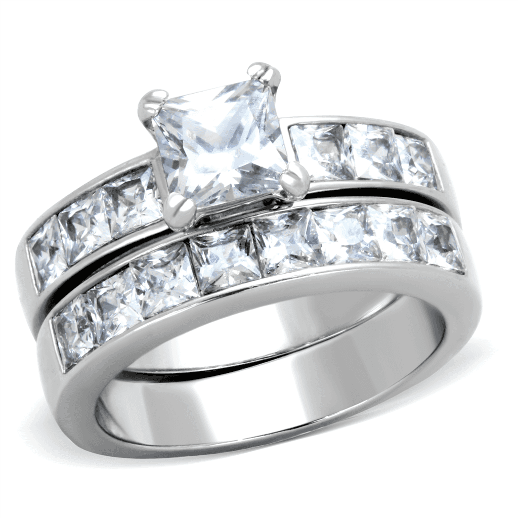 Stainless Steel Silver CZ Princess Solitaire Channel Bridal Ring view 5