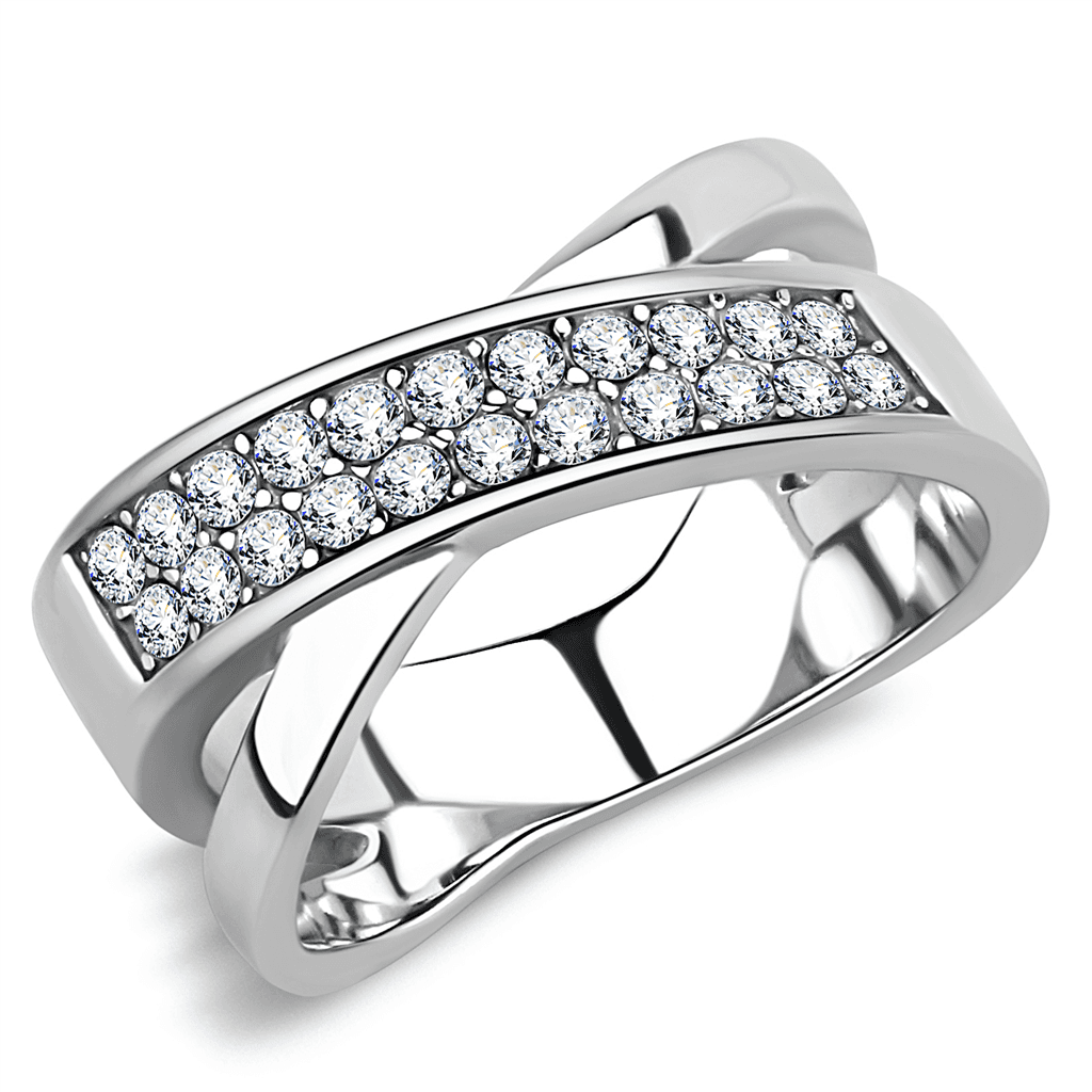 Stainless Steel Silver CZ Pave Crossover X Band Ring view 9