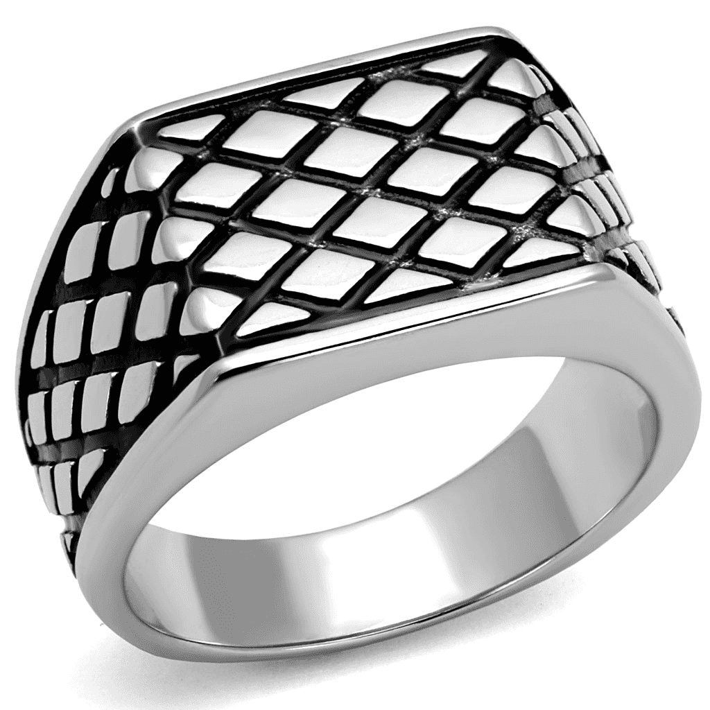 Stainless Steel Silver Polished Cross Hatch Lattice Wide Ring view 1