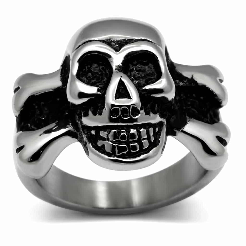 Stainless Steel Silver Skull Crossbones Biker Mens Signet Ring view 9