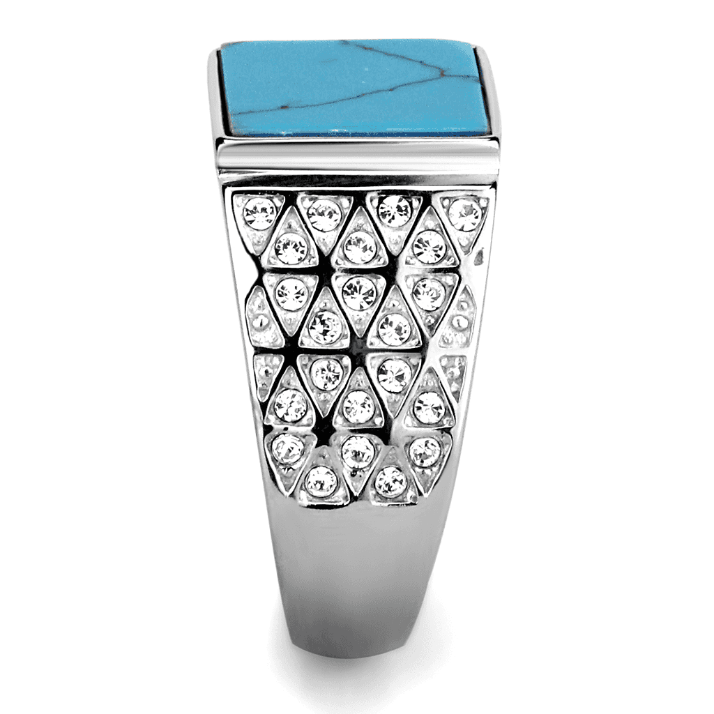Stainless Steel Turquoise Inlay Square CZ Pave Signet Ring view 7