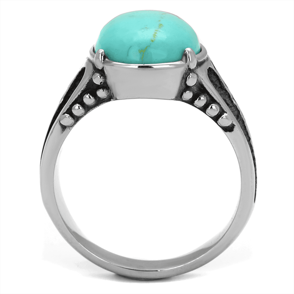 Stainless Steel Turquoise Oval Cabochon Textured Mens Signet Ring view 3