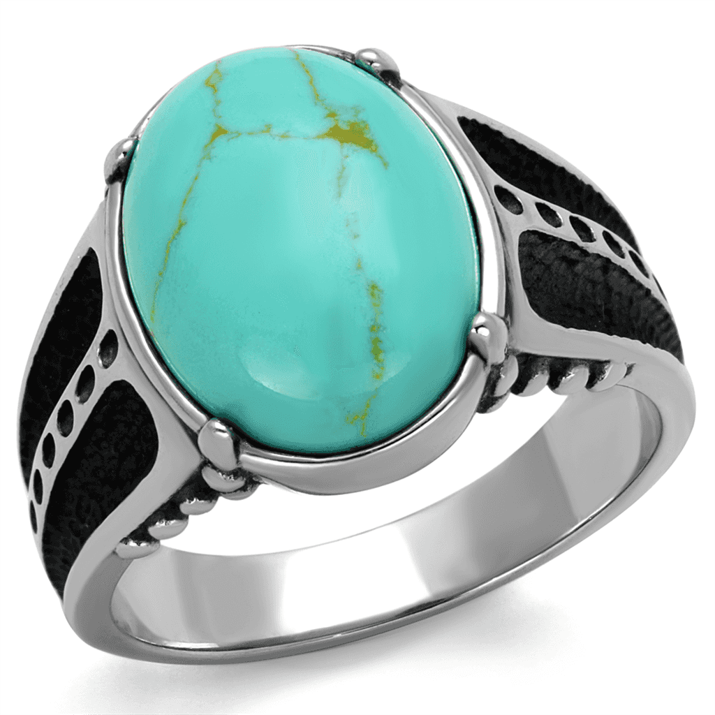 Stainless Steel Turquoise Oval Cabochon Textured Mens Signet Ring view 5