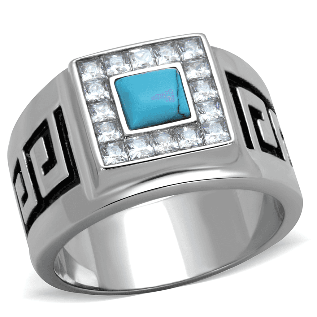 Stainless Steel Turquoise Square Greek Key Mens Signet Ring view 10
