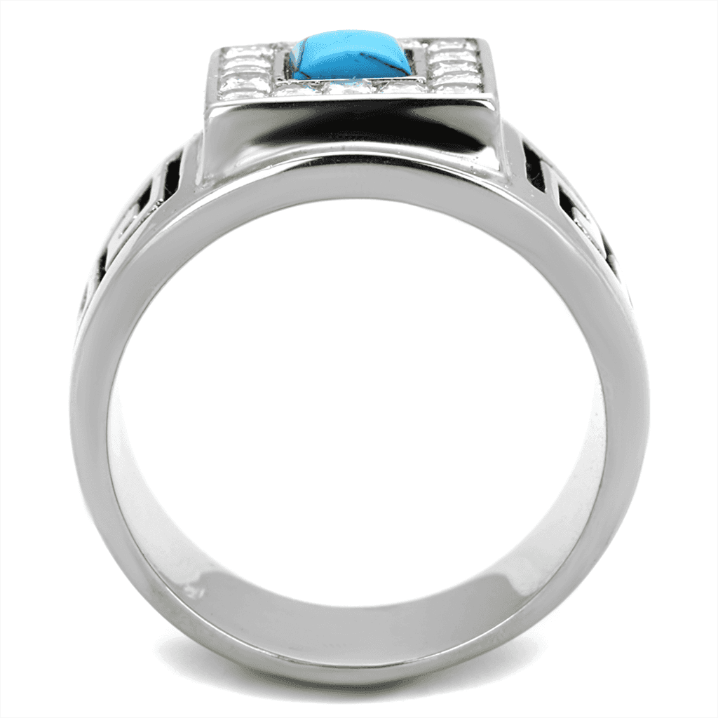 Stainless Steel Turquoise Square Greek Key Mens Signet Ring view 7