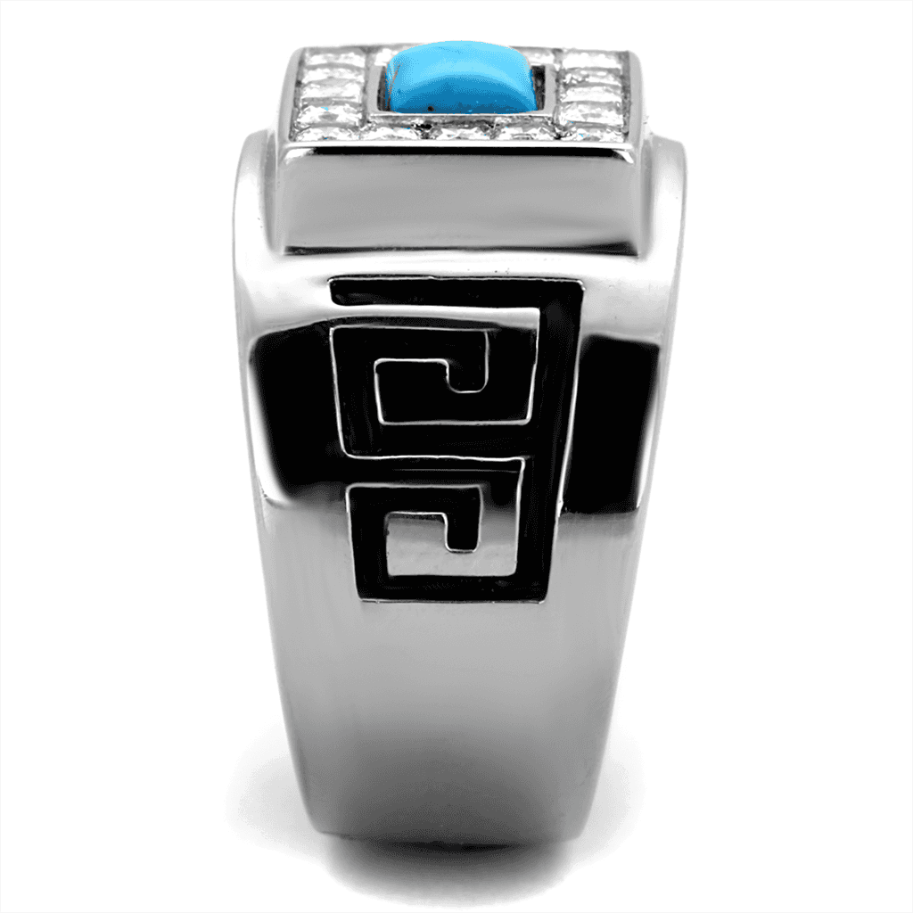 Stainless Steel Turquoise Square Greek Key Mens Signet Ring view 8