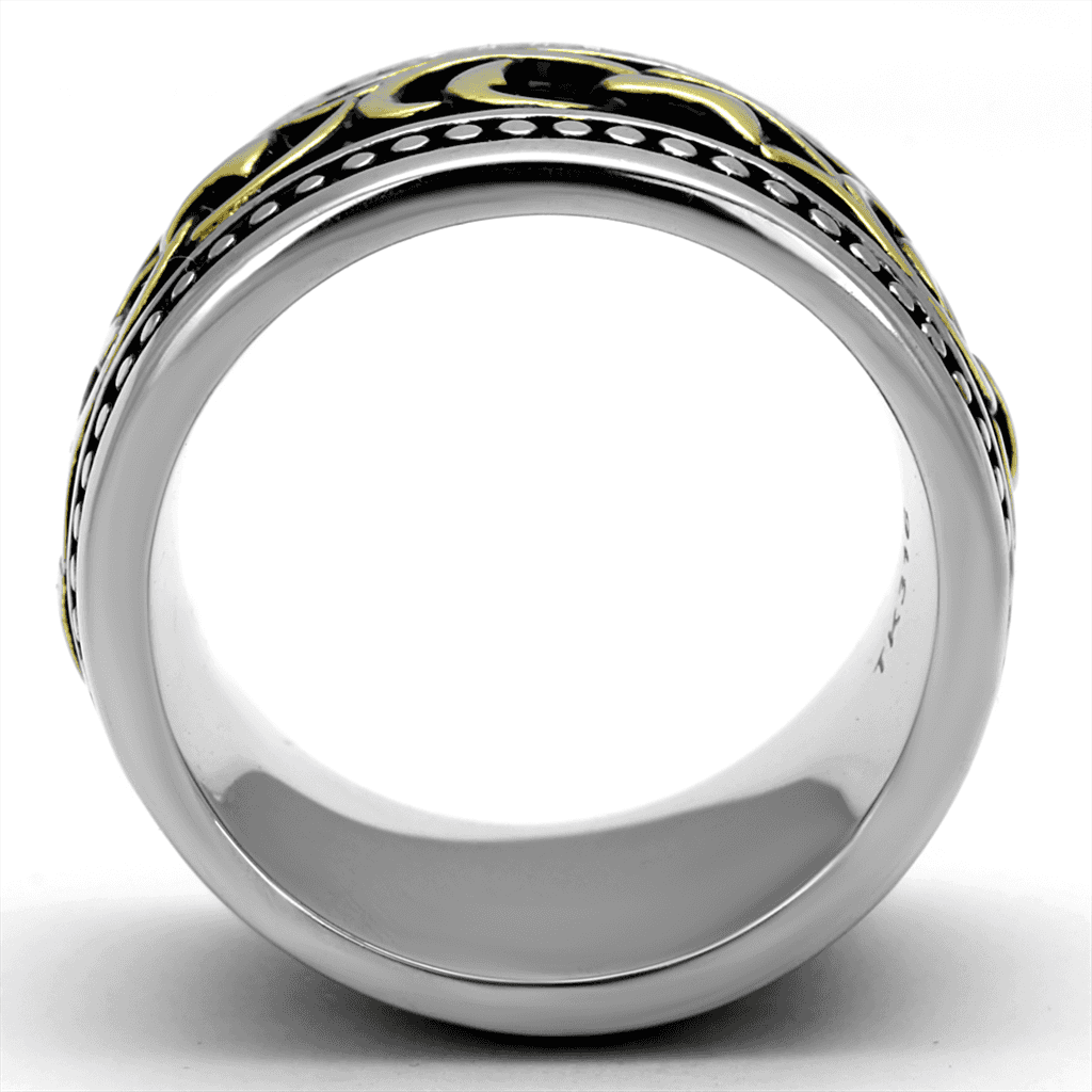 Stainless Steel Two Tone Gold Fleur De Lis Scroll Wide Band Ring view 3