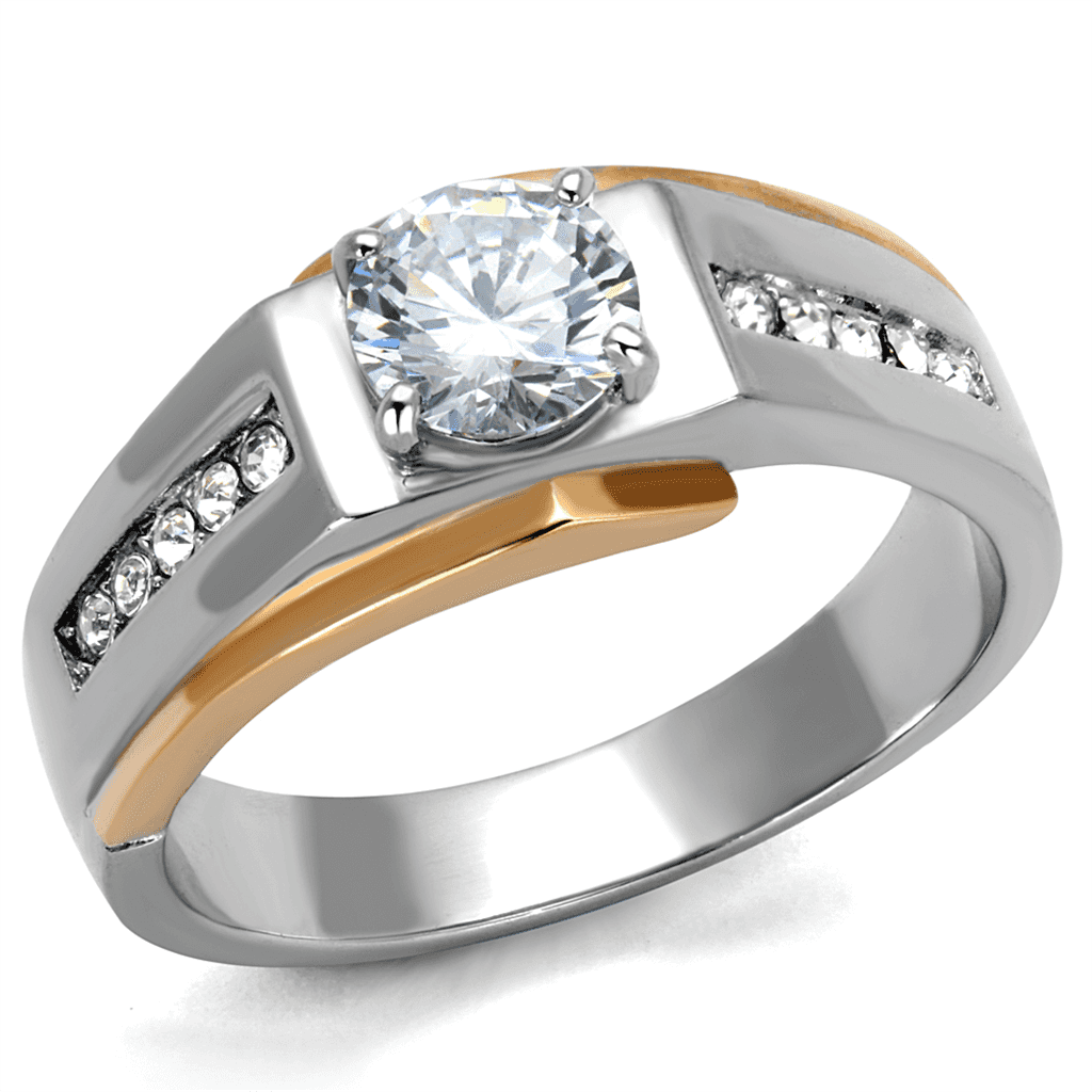 Stainless Steel Two Tone Rose Gold CZ Round Bezel Pave Mens Ring view 9