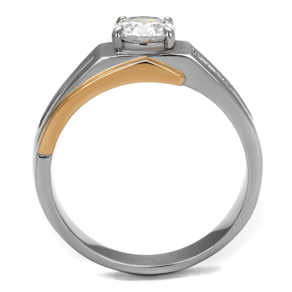 Stainless Steel Two Tone Rose Gold CZ Round Bezel Pave Mens Ring view 5
