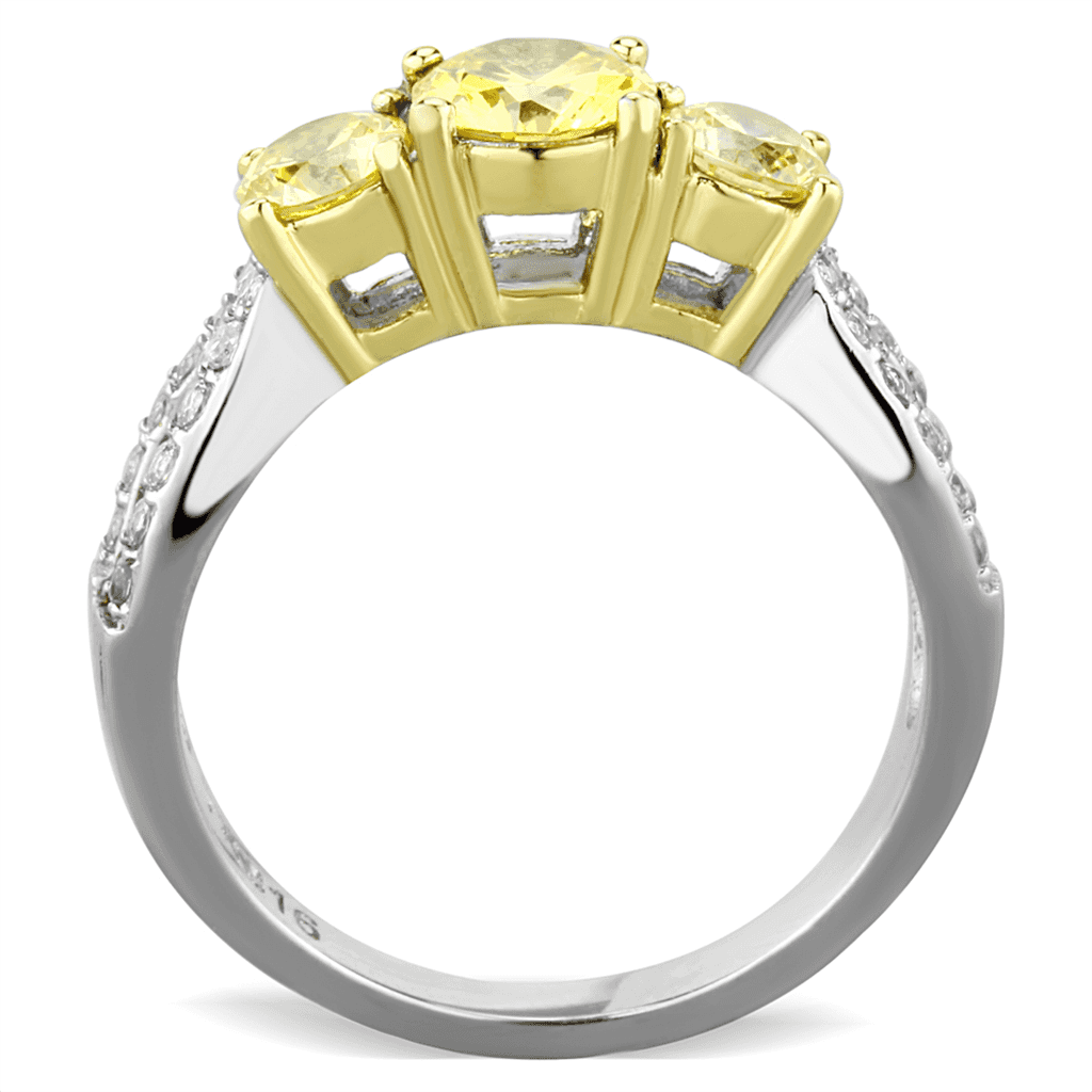 Stainless Steel Yellow Round CZ Three Stone Pave Ring view 3