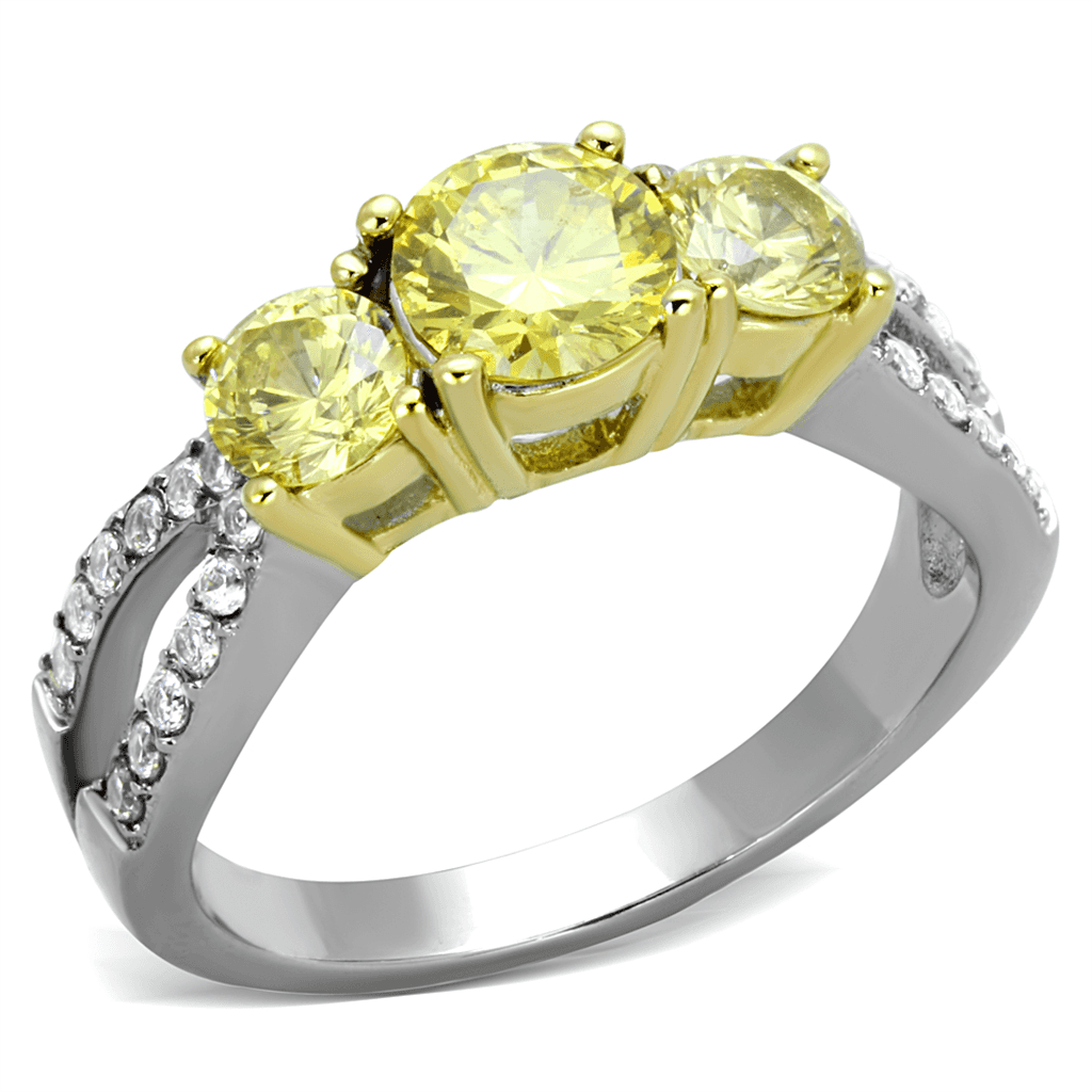 Stainless Steel Yellow Round CZ Three Stone Pave Ring view 5