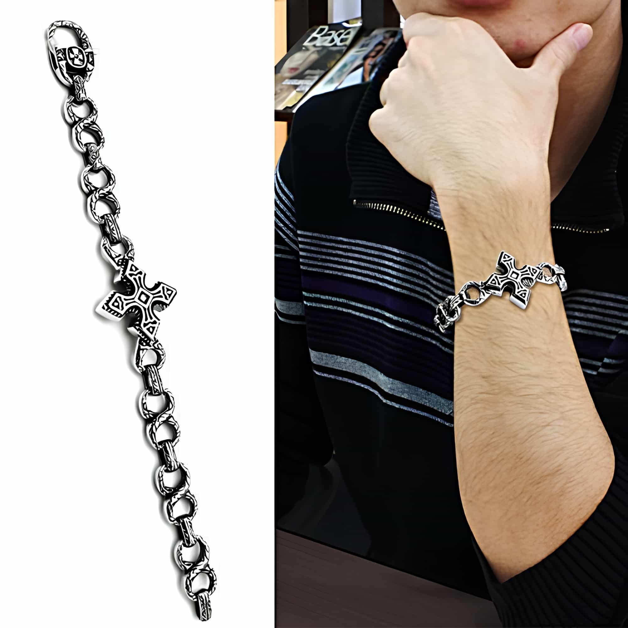 Stainless Steel Silver Celtic Cross Link Chain Mens Bracelet view 2